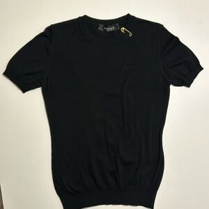 Women’s Versace black cotton knit t-shirt with gold embellished safety pin NEW